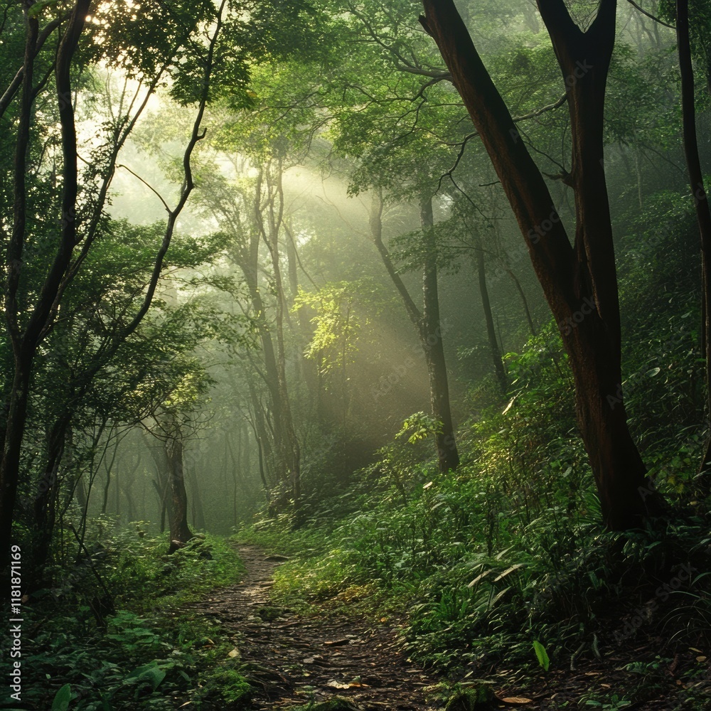 Fototapeta premium Misty forest exploration high fidelity view of enchanted woods and dense ground-level foliage