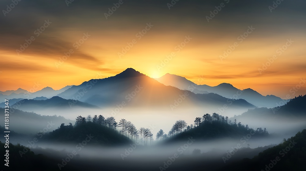 Fototapeta premium Mist-covered mountains of Northern Thailand at sunrise with layers of golden light close up tranquility theme ethereal overlay lush hills, ultra-realistic detail, cinematic, 