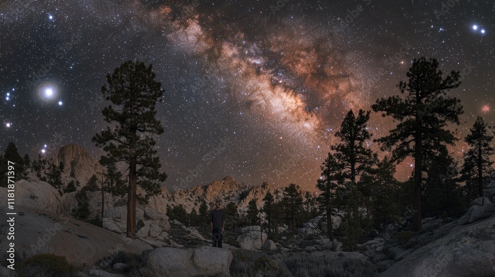 Naklejka premium Majestic Milky Way galaxy arching over a silhouetted man standing amidst pine trees and rocky terrain at night.
