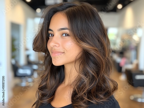 Wallpaper Mural Lacefront wig styled with natural waves, dark brown with caramel highlights, showcased in a luxury salon setting Torontodigital.ca