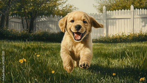 Photorealistic image of a golden retriever puppy playing in a grassy yard, capturing its joyful expression and detailed fur
