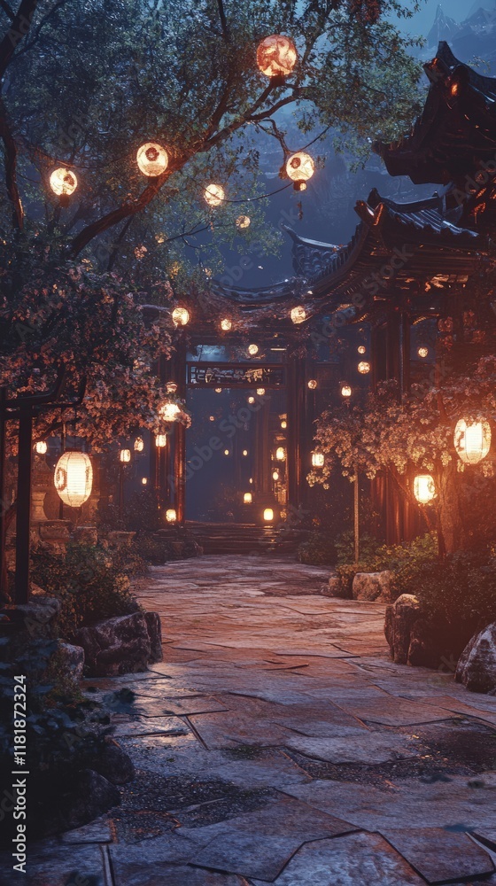 Obraz premium Silent temple courtyard at night, soft glow of lanterns, and gentle rustling of leaves in the wind