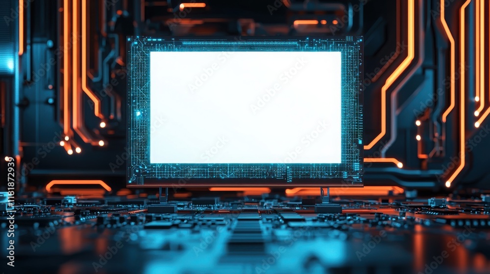 Fototapeta premium Futuristic Blank Billboard Displaying Content in a Tech Expo Environment with Circuit Board and Neon Lighting Elements
