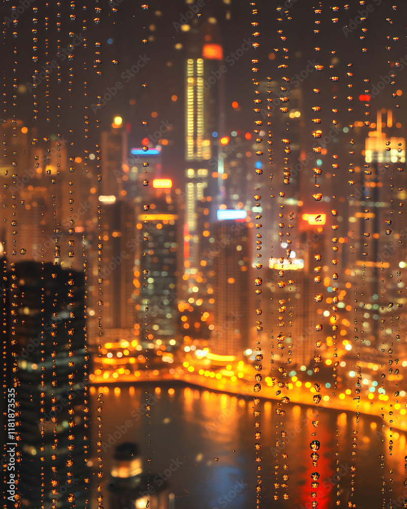 Fototapeta premium Rain-streaked window view of a glittering, vibrant cityscape at night. Perfect for illustrating urban mood, travel, or weather concepts.