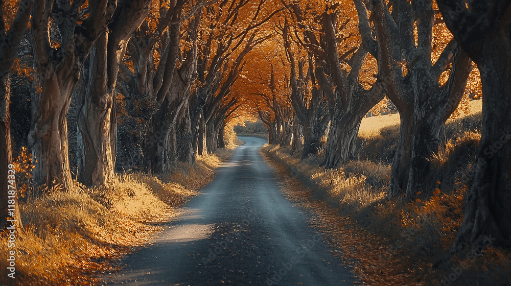 Obraz premium Enchanting Road Through an Autumn Forest Tunnel of Trees