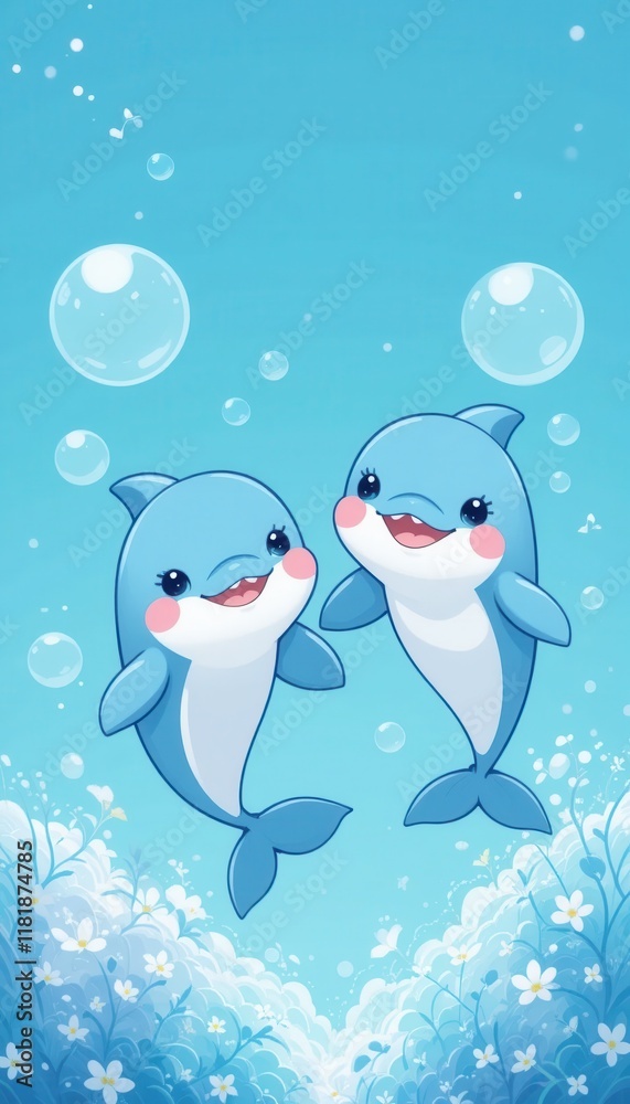 Naklejka premium Two dolphins in a fun winter holiday cartoon scene