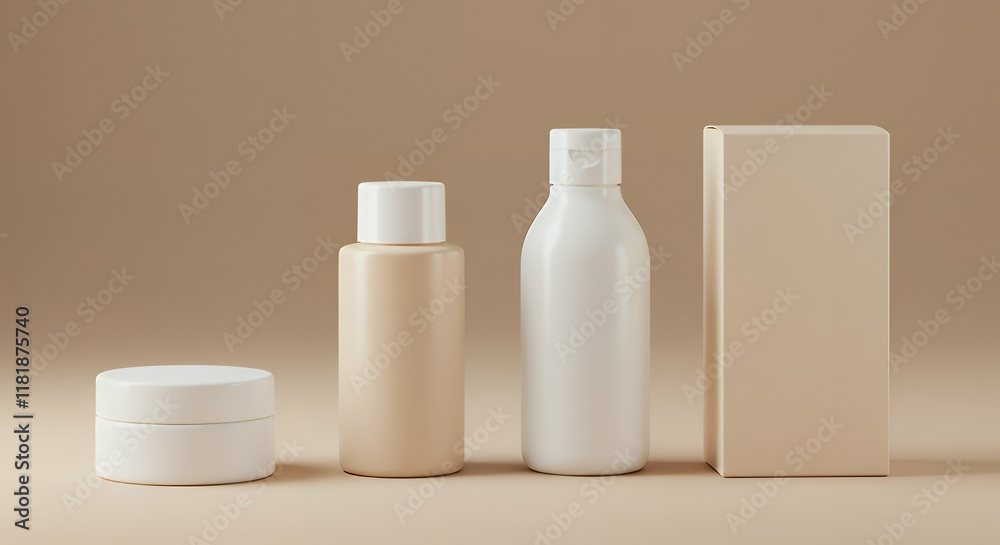 Image features a minimalist and clean layout with a focus on skincare or cosmetic packaging. There are four items arranged in a row against a neutral beige background. Image features a minimalist and clean layout with a focus on skincare or cosmetic packaging. There are four items arranged in a row against a neutral beige background.