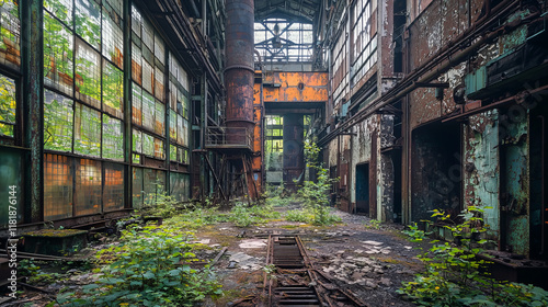 Abandoned industrial hall with overgrown vegetation forming a nature reclaiming scene