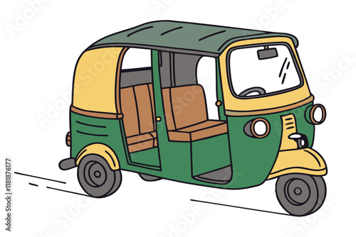Auto rickshaw, tuk-tuk, three-wheeler taxi, green and yellow vehicle, Indian transportation, urban commute, compact design, cartoon style, vector illustration, side view, white background, transportat