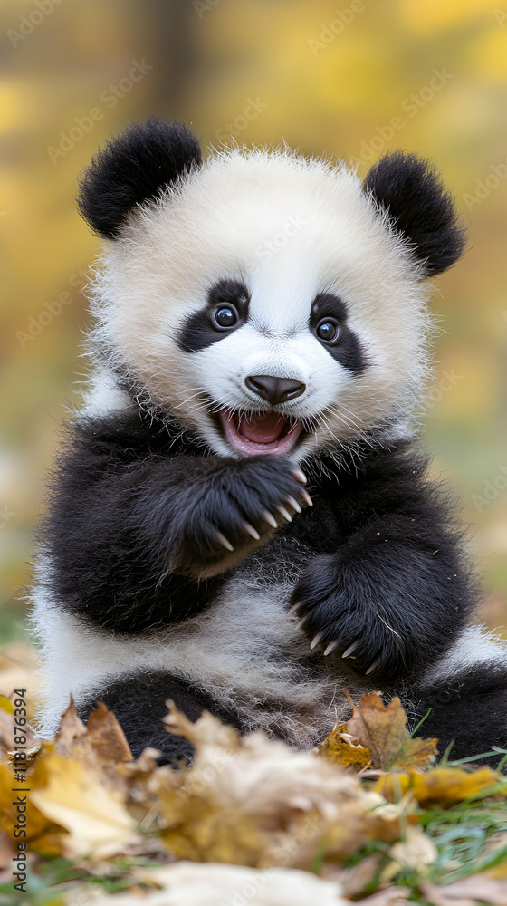 Fototapeta premium Adorable baby panda sitting amidst autumn leaves, expressing pure joy. A captivating image perfect for calendars, children's books, or websites.