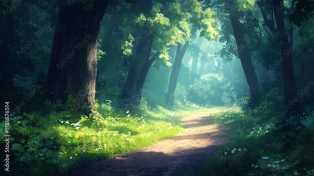 Obraz premium A serene forest path illuminated by soft sunlight, surrounded by lush greenery.