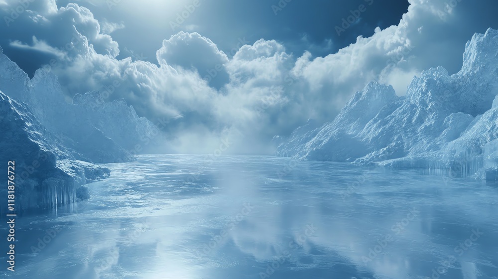 Fototapeta premium A serene icy landscape featuring reflective water and majestic snowy mountains under clouds.