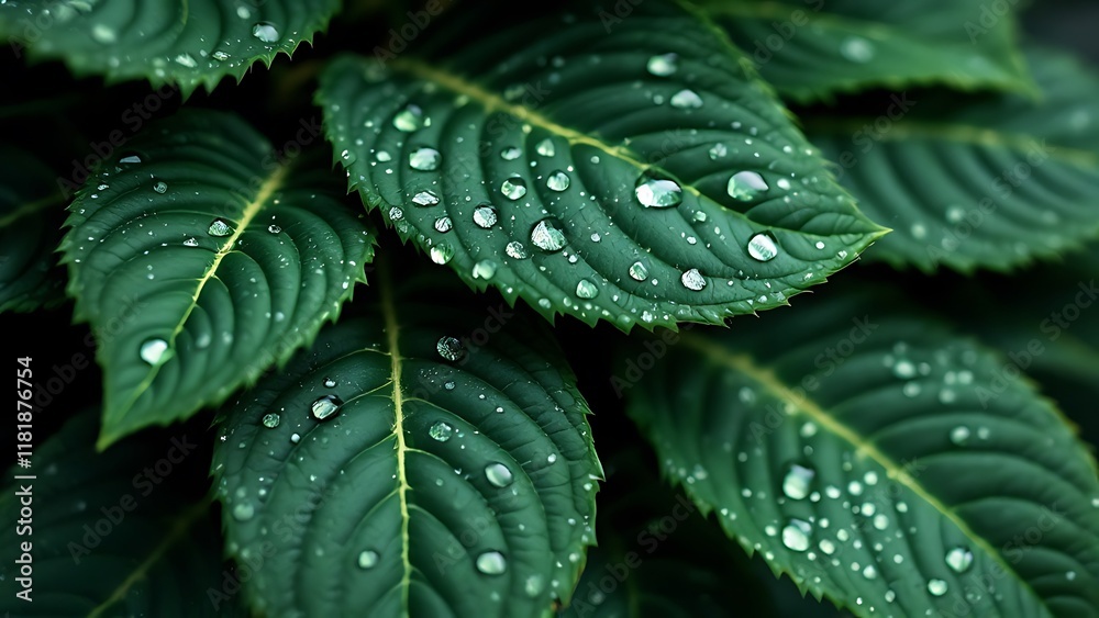 Obraz premium Green leaves background, water drops are on the leaves after a rainy day