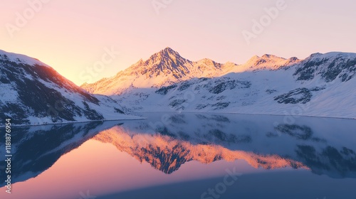 A serene mountain landscape reflecting on a calm lake during sunset. photo