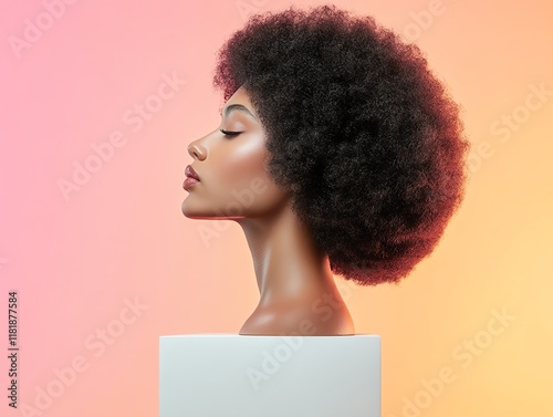 Textured afro wig on a pedestal, illuminated by warm lighting, highlighting each individual curl and its glossy finish photo