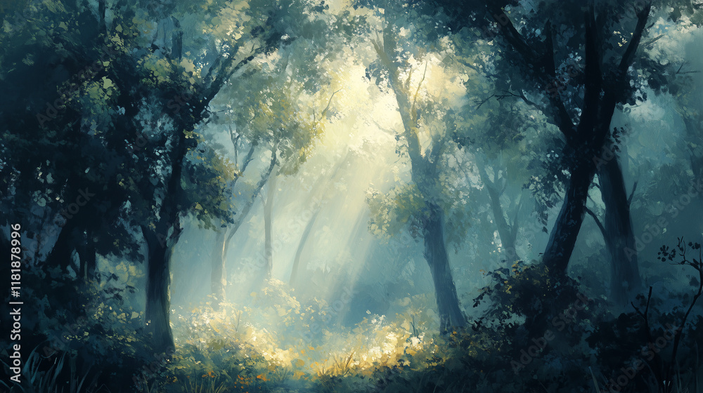 Obraz premium Dramatic forest scenery with sunlight filtering through, white canvas