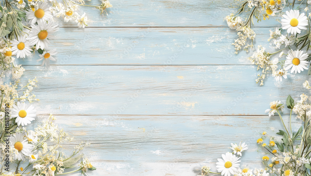 Fototapeta premium Daisey floral arrangement with a wood background painted blue and copy space