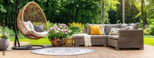 Romantic vintage terrace with wicker furniture and garden view