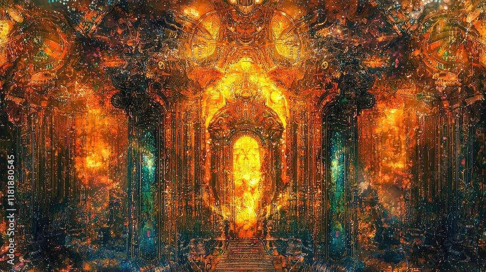 Obraz premium Ornate fantasy doorway with intricate glowing details in a magical setting. Vibrant colors and rich textures create a mystical atmosphere. Generative by AI