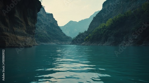 Calm river flowing through a majestic canyon, serene landscape, travel photography