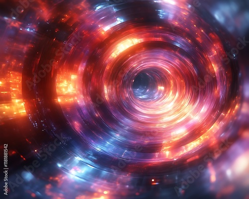 Abstract swirling neon light tunnel.