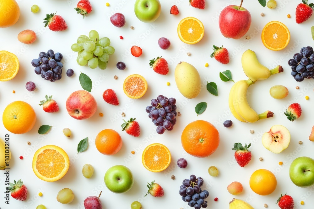A variety of fresh fruits beautifully arranged on a white background, including apples, bananas, oranges, grapes, and strawberries. The fruits are vibrant, colorful, and ripe A variety of fresh fruits beautifully arranged on a white background, including apples, bananas, oranges, grapes, and strawberries. The fruits are vibrant, colorful, and ripe