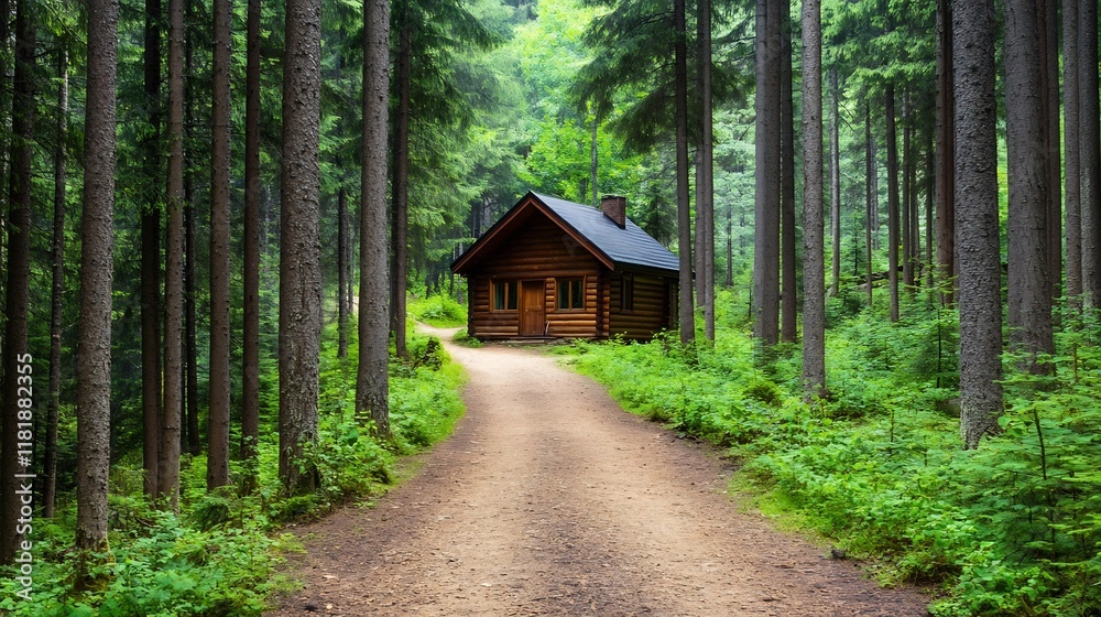 Secluded Cabin in the Lush Forest Wilderness Along a Scenic Hiking Trail Secluded Cabin in the Lush Forest Wilderness Along a Scenic Hiking Trail