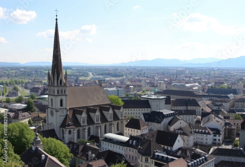 Panorama of Fraumuenster church and in Zuerich, Switzerland photo