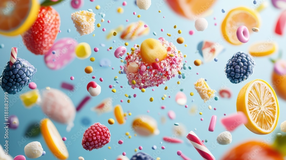 Playful and Colorful Fruity Chewing Gum Surrounded by Vibrant Candy and Sweets in a Fun Visual Display Playful and Colorful Fruity Chewing Gum Surrounded by Vibrant Candy and Sweets in a Fun Visual Display