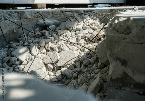 Close-up of a demolished concrete floor exposing rusty rebar, highlighting the destruction and renovation process photo