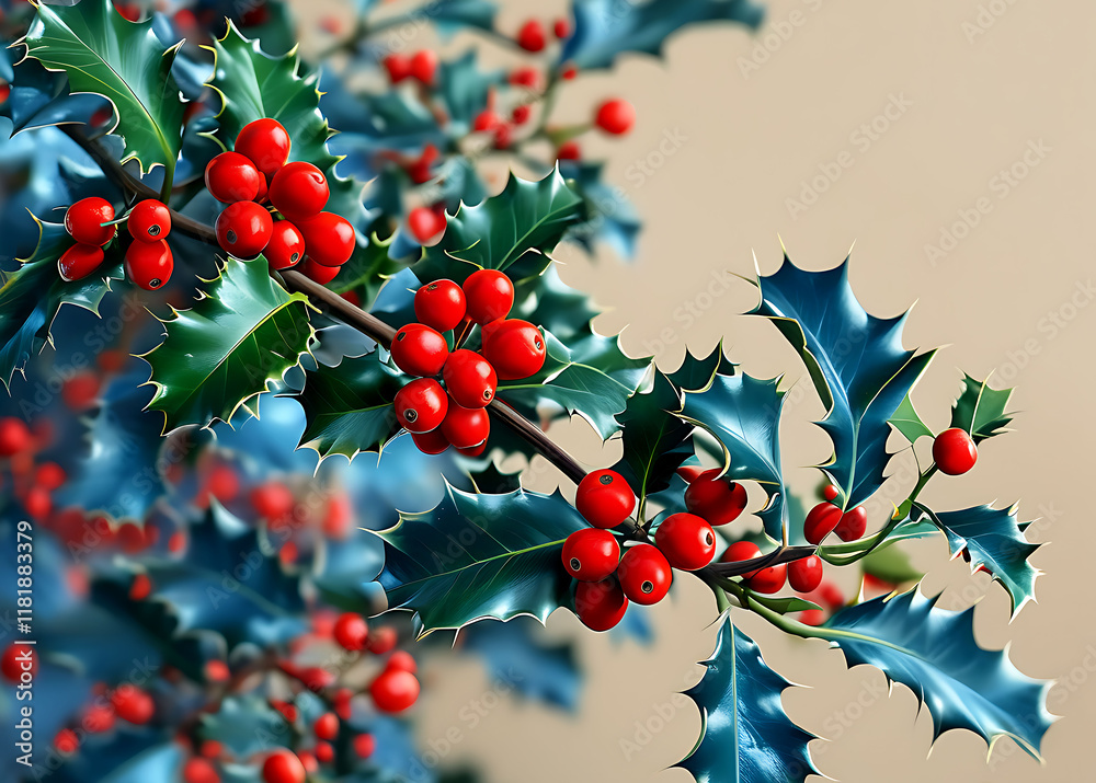 Obraz premium Close-Up of Holly Branch with Red Berries and Green Leaves in Winter