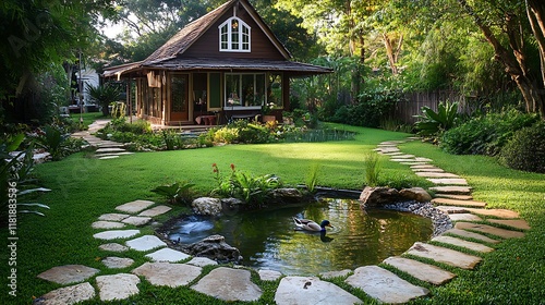 A serene landscape with a peaceful river flowing through a Japanese garden, surrounded by lush trees, a charming wooden bridge, and a beautiful reflection in a calm pond under a bright sky photo