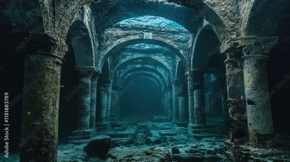 Sunken underwater ancient ruins with stone columns and arches, mysterious dark depths. Sunken underwater ancient ruins with stone columns and arches, mysterious dark depths.