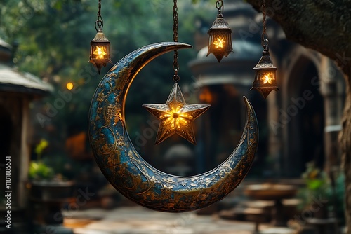 Crescent moon and star with lanterns. photo