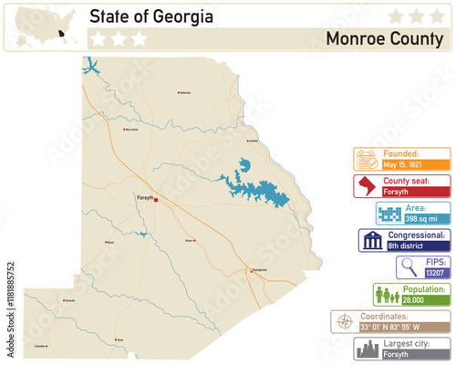 Detailed infographic and map of Monroe County in Georgia USA.