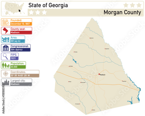 Detailed infographic and map of Morgan County in Georgia USA.