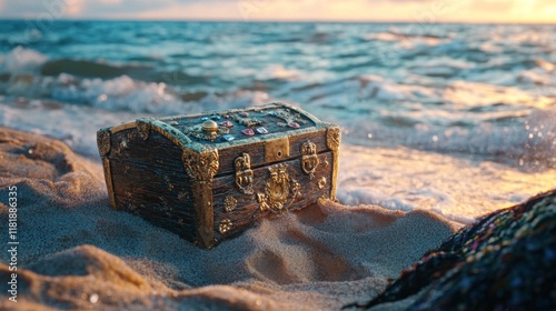 An ancient treasure chest rests on the sandy shore. Waves gently lap at its edges. What secrets could it hold. The adventure begins here. Generative AI photo