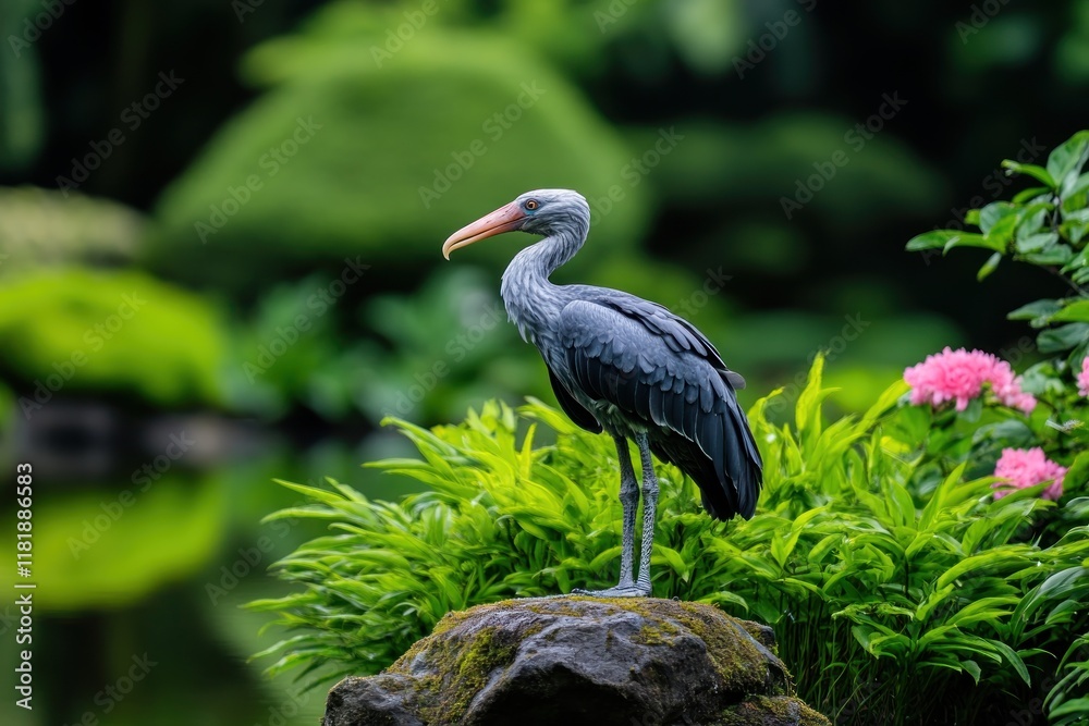 Naklejka premium Shoebill stork standing in a poised position, showcasing its large beak and unique features in a natural wetland or marsh environment.