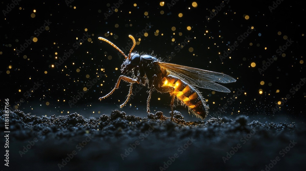 Glowing insect illuminated by golden light against a dark background. Macro photography showcasing intricate details. Generative by AI. Glowing insect illuminated by golden light against a dark background. Macro photography showcasing intricate details. Generative by AI.