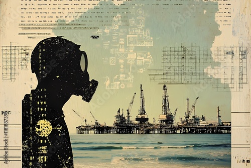 Stylish retro poster with graphic elements. Oil Industry in sea, Man in a Gasmask.  photo