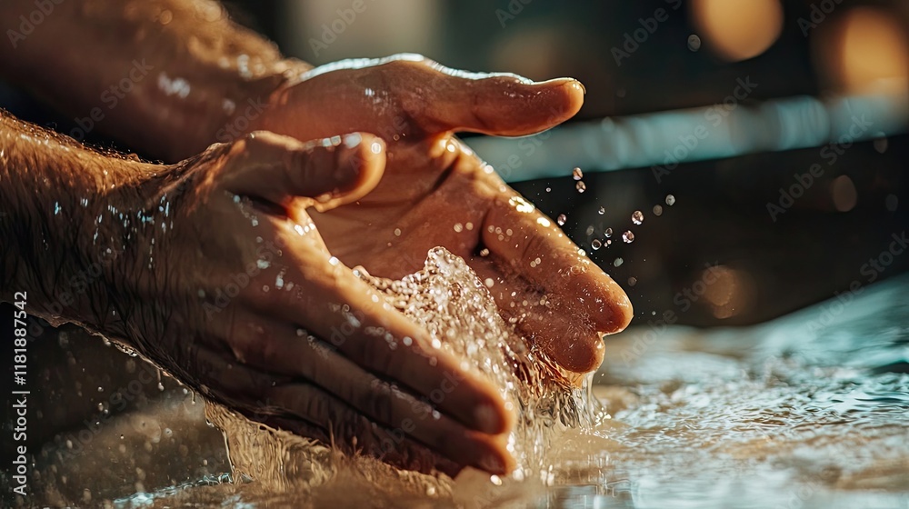 Fototapeta premium Scientist washing hands under running water in a lab, emphasizing hygiene and cleanliness. Generative by AI.