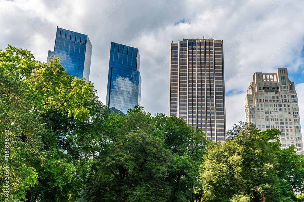 A view west towards the skyline from the lower end of Central Park in Manhattan, New York, in the fall A view west towards the skyline from the lower end of Central Park in Manhattan, New York, in the fall