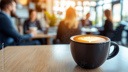 close up of latte art coffee cup in cozy cafe setting, with blurred people in background enjoying their drinks