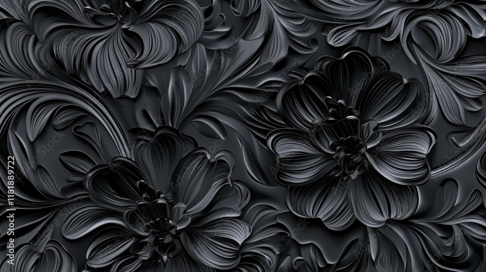 Stunning Black Floral Design. Intricate 3D Floral Pattern. Elegant Black Flower Art. Perfect for Wallpaper or Print. High-Resolution Black Floral Graphic.  