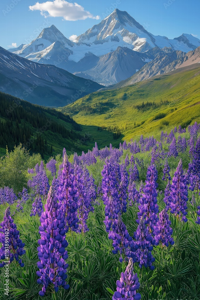 Obraz premium Vibrant purple lupines bloom in a stunning mountain valley under a clear blue sky