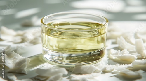 Fresh Coconut Oil in Glass Bowl with Coconut Flakes