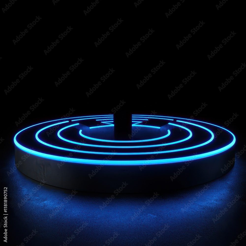 Fototapeta premium Futuristic neon circular design with glowing lines on a dark background.