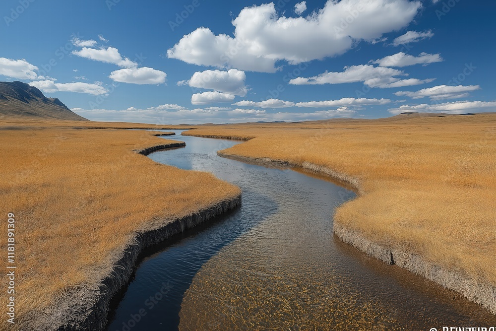 Winding river flows through golden grasslands under blue sky with scattered clouds Winding river flows through golden grasslands under blue sky with scattered clouds