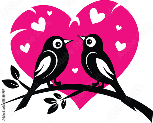 vector illustration of two lovebirds perched on a branch, with a heart-shaped background