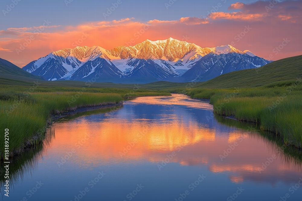 Majestic mountains reflecting in a serene river during sunset in the wilderness Majestic mountains reflecting in a serene river during sunset in the wilderness